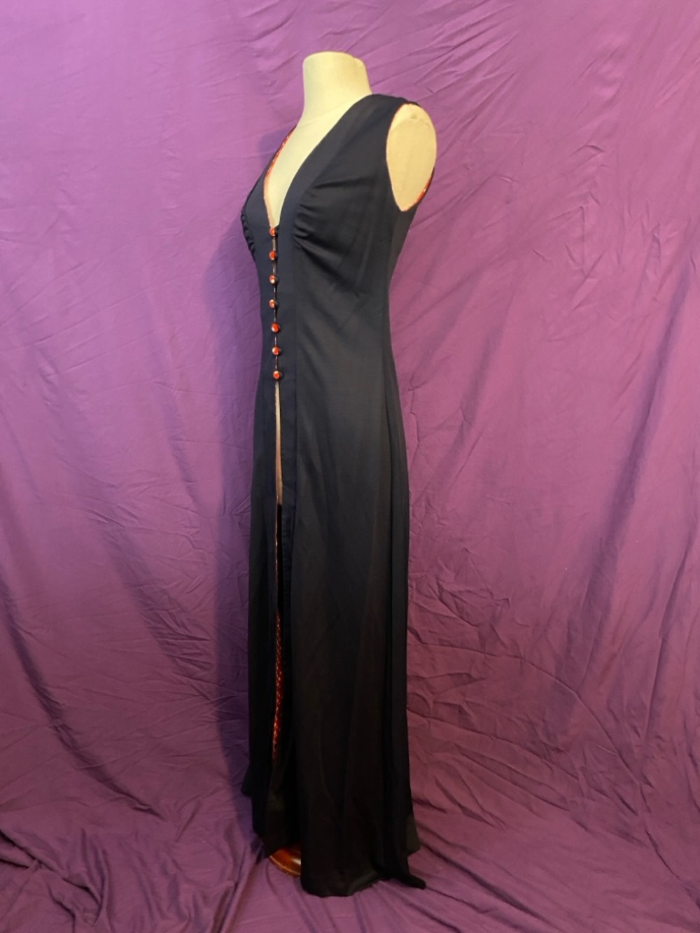 Vintage 70s Young Edwardian Navy Sleeveless Duster with Red Polka Dot Buttons - Picture 2 of 8